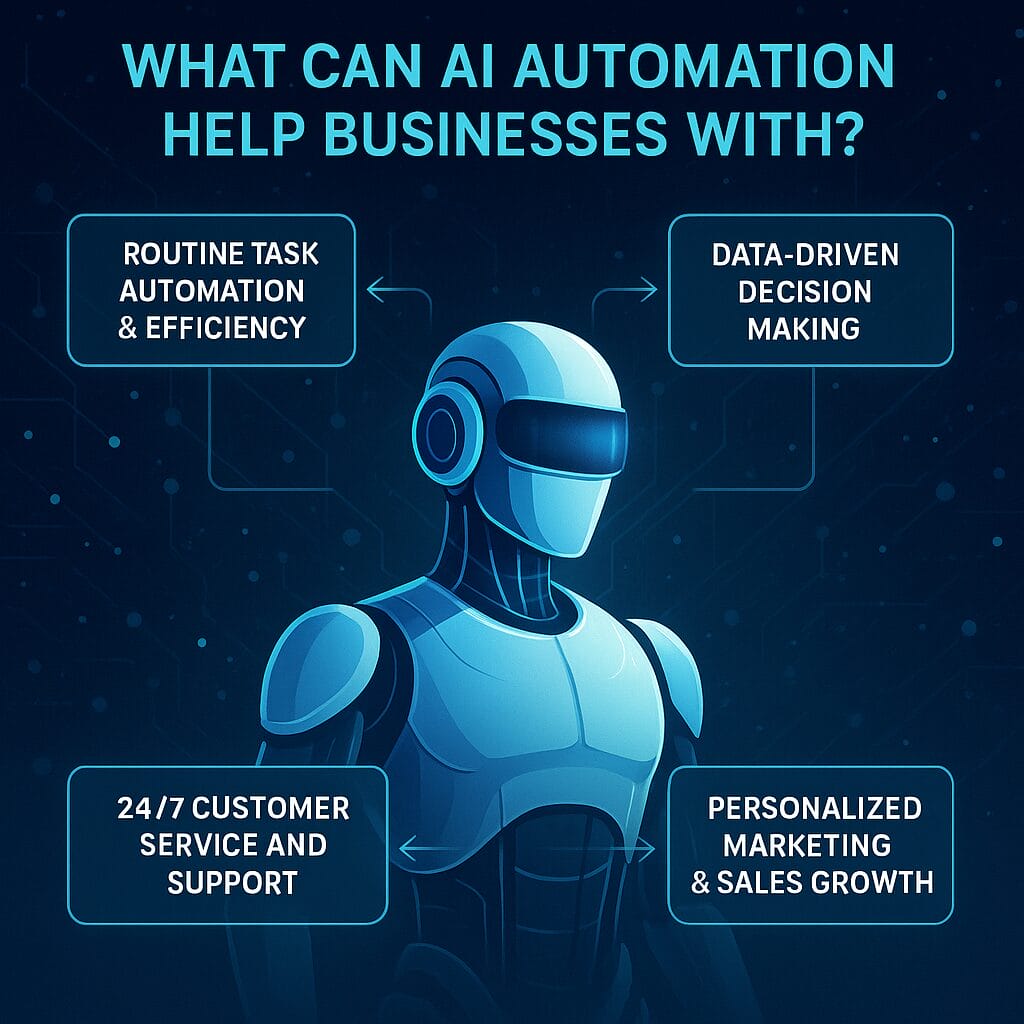 A futuristic humanoid robot surrounded by labeled benefits of AI automation—routine task efficiency, 24/7 customer support, personalized marketing, and data-driven decisions—set against a digital tech background.